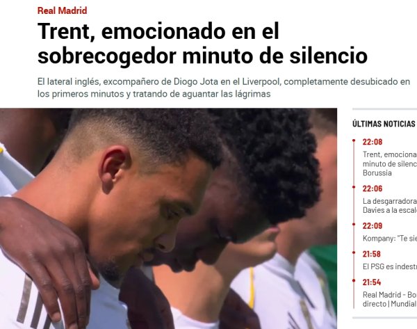 马卡报：皇马赛前默哀仪式环节，若塔的前队友阿诺德强忍泪水